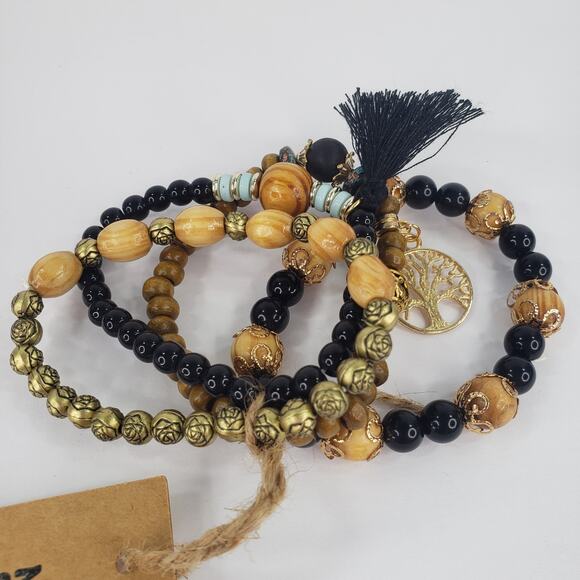 Black Beaded Boho Stretch Bracelet 4 pc Tree of Life Charm Bohemian One Size - Picture 8 of 9